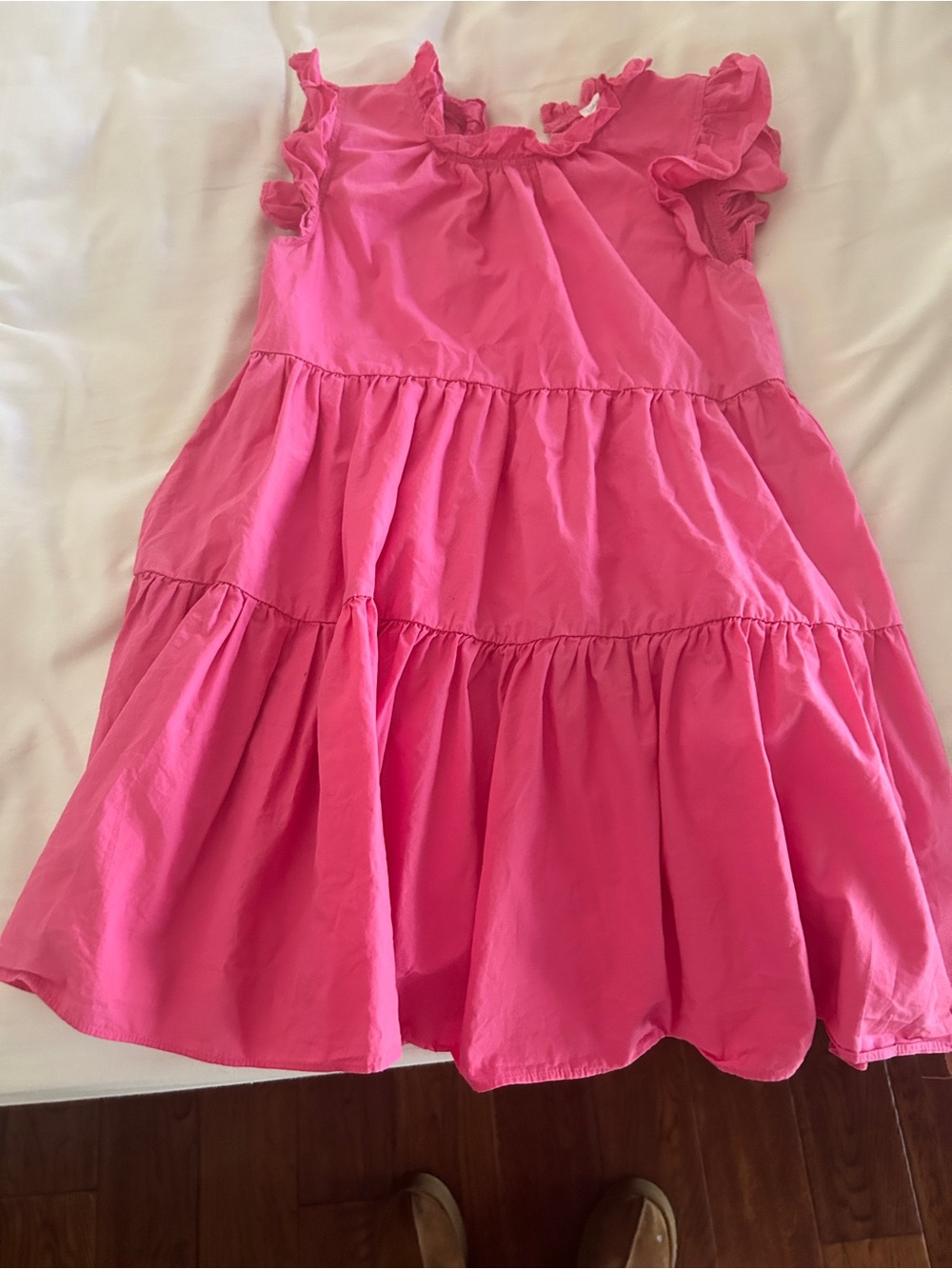 Girls Pink Tiered Ruffle Shoulder Dress